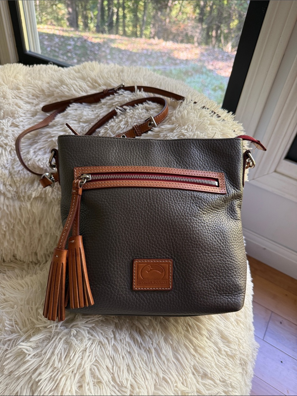 Dooney & Bourke Gray Elephant Pebbled Leather Crossbody with Brown Trim & Logo